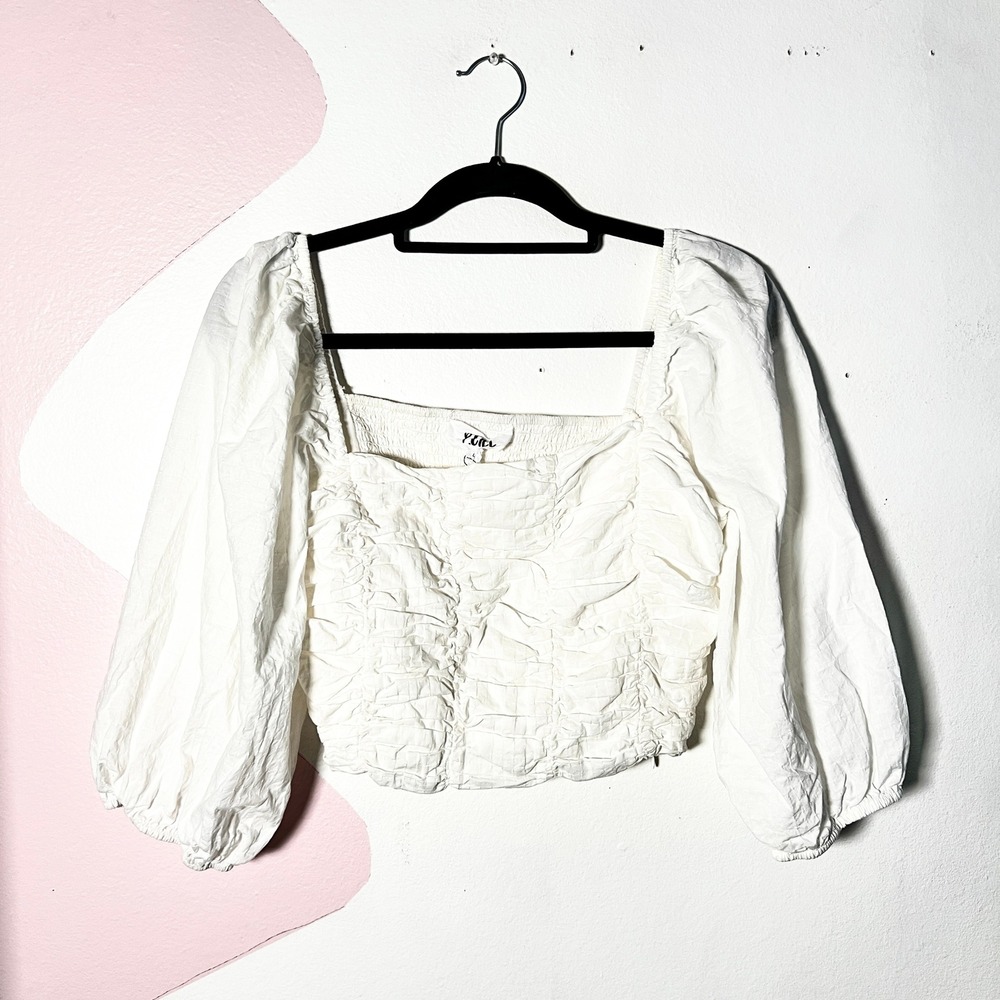 P. Cill White Puff Sleeve Top Women's Large 100% Cotton Milkmaid Prairie